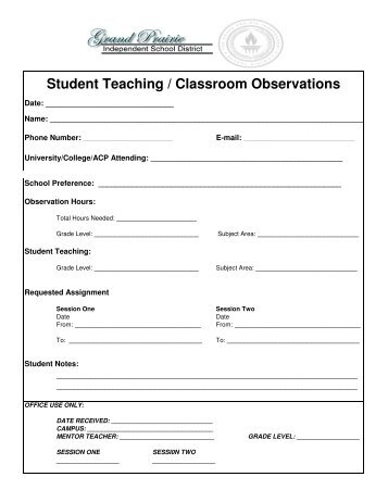 Student Teaching/Classroom Observation form