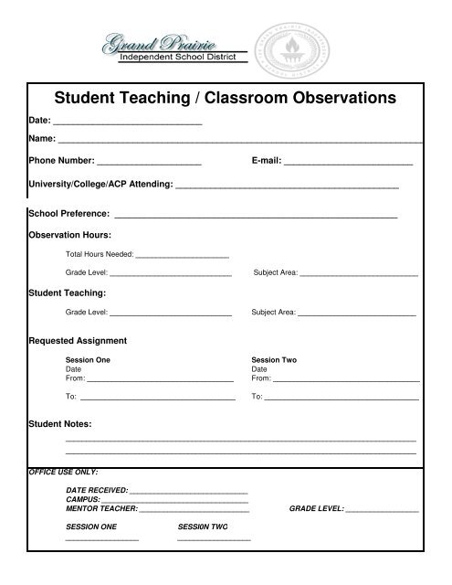 Student Teaching/Classroom Observation form