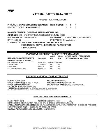 MATERIAL SAFETY DATA SHEET - National Refrigeration Products