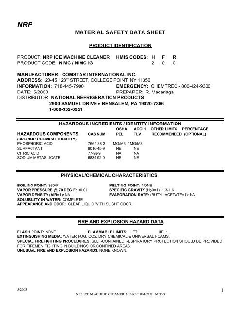 MATERIAL SAFETY DATA SHEET - National Refrigeration Products