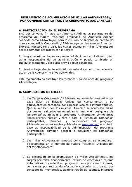 Reglamento Acumulación de Millas AAdvantage - Credomatic