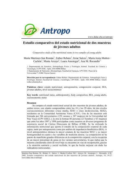 Estudio comparativo del estado nutricional de dos muestras - Antropo