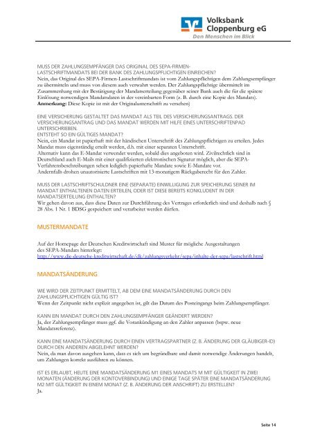 SEPA - FAQ - Volksbank Cloppenburg eG