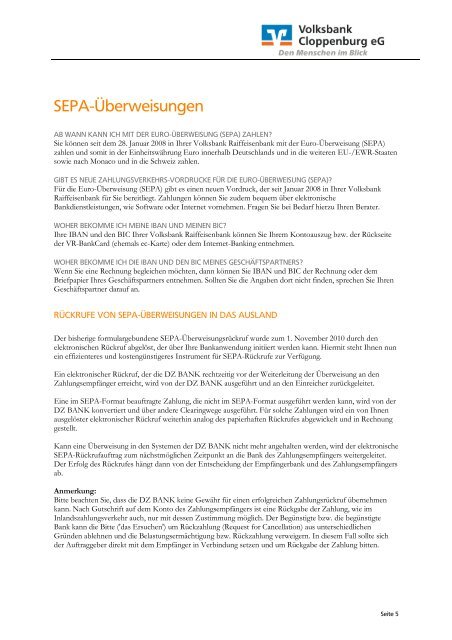 SEPA - FAQ - Volksbank Cloppenburg eG