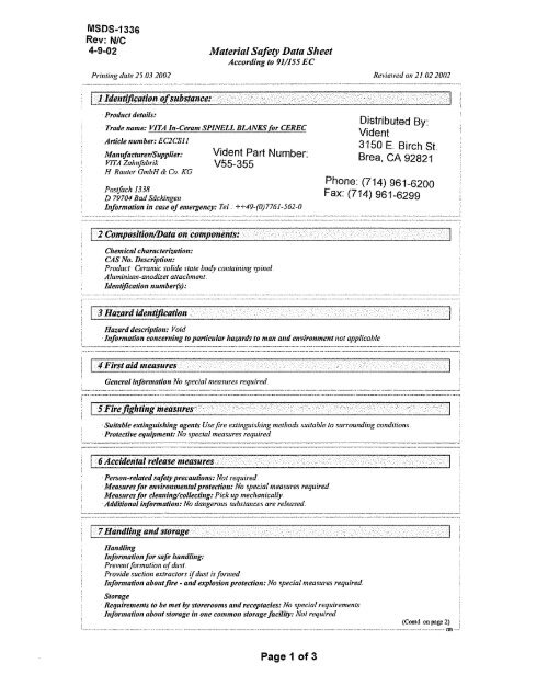 Blocks_MSDS /Vita InCeram Spinell Blanks for Cerec/1336nc - Vident