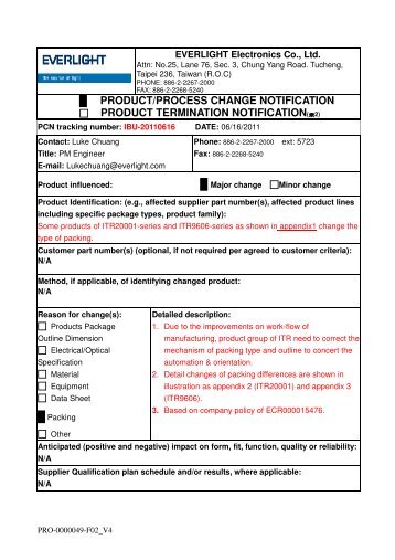 PRODUCT/PROCESS CHANGE NOTIFICATION ... - Everlight.com