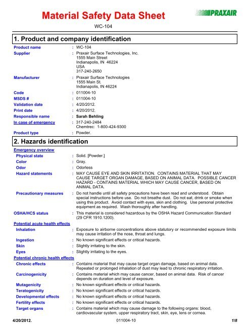 Material Safety Data Sheet - Praxair Surface Technologies