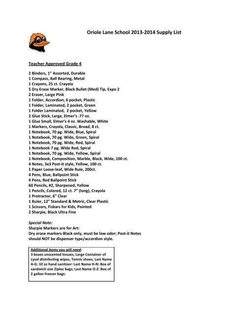 Oriole Lane School 2013-2014 Supply List