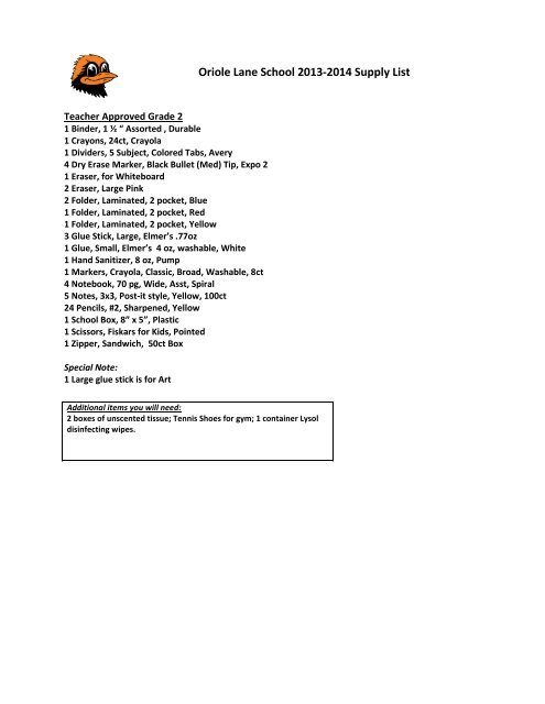 Oriole Lane School 2013-2014 Supply List