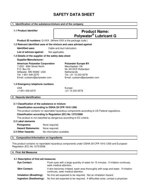 SAFETY DATA SHEET Product Name: Polywater Lubricant G