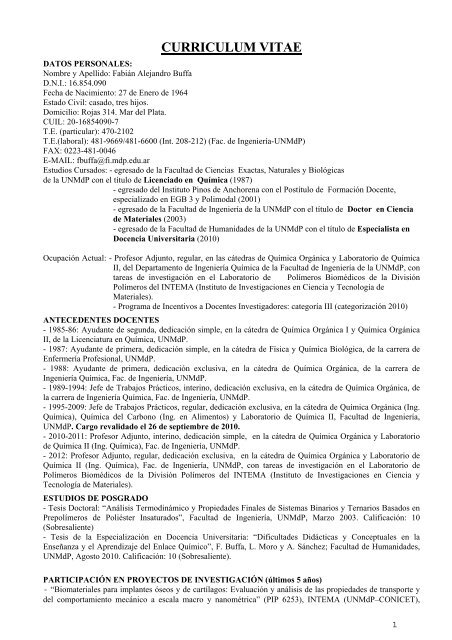 curriculum vitae - INTRANET ::: Facultad de Ingeniería - Universidad ...