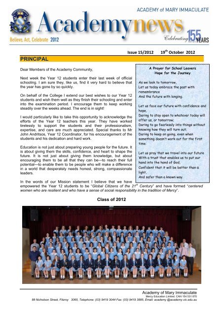 Issue 15 - 19th October, 2012 - Academy of Mary Immaculate