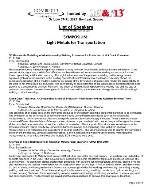 List of Speakers SYMPOSIUM: Light Metals for Transportation