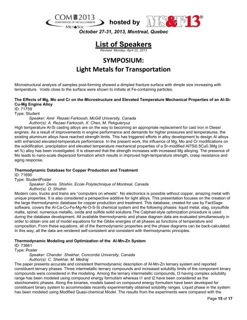 List of Speakers SYMPOSIUM: Light Metals for Transportation