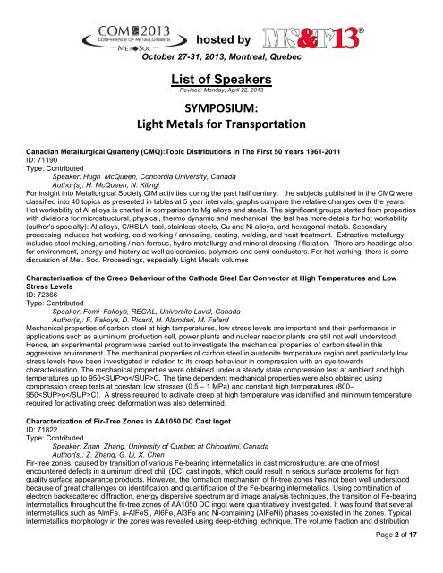 List of Speakers SYMPOSIUM: Light Metals for Transportation