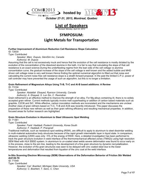 List of Speakers SYMPOSIUM: Light Metals for Transportation