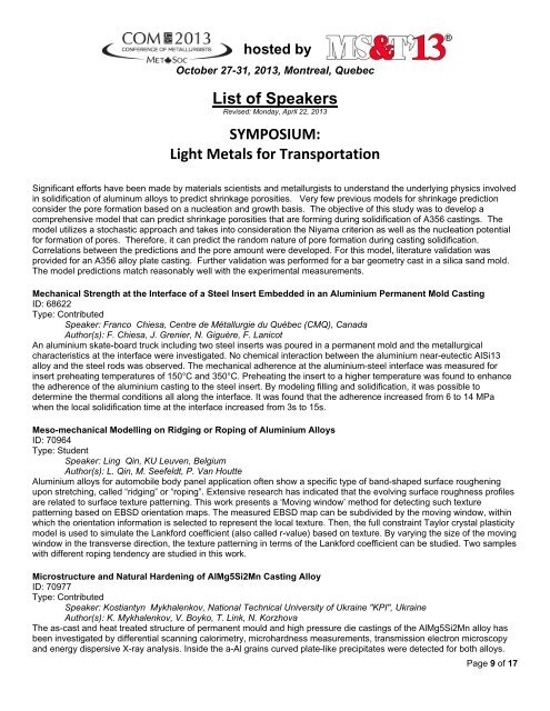 List of Speakers SYMPOSIUM: Light Metals for Transportation