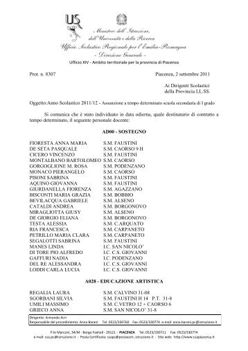 Assunzioni a tempo determinato I GRADO classi ... - USP di Piacenza