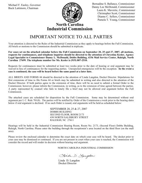 IMPORTANT NOTICE TO ALL PARTIES Industrial Commission
