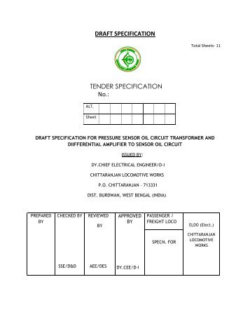 DRAFT SPECIFICATION TENDER SPECIFICATION No.: