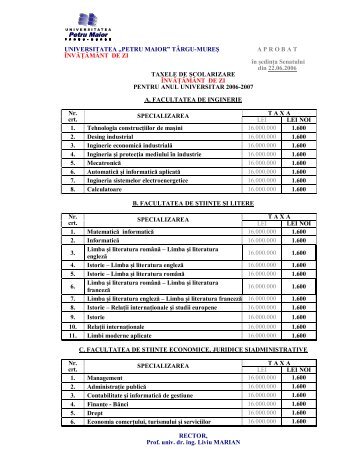 Taxe scolarizare - Universitatea"Petru Maior"