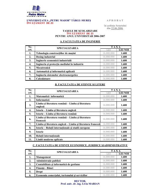 Taxe scolarizare - Universitatea"Petru Maior"