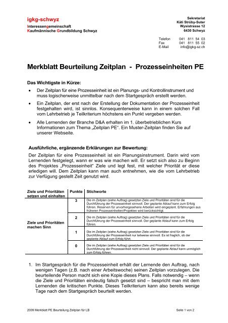 Merkblatt Beurteilung Zeitplan - Prozesseinheiten PE - igkg-schwyz
