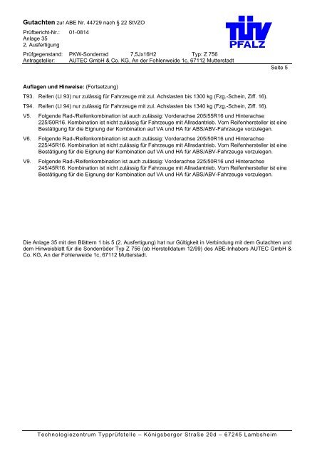 ABE + Teilegutachten Z 756 - AUTEC GmbH & Co. KG