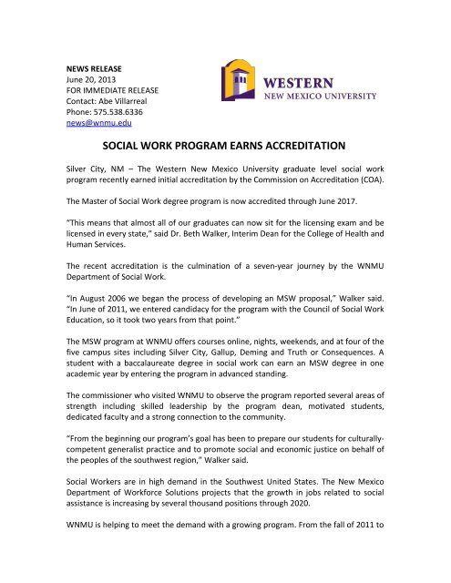 Social Work Program Earns Accreditation - Western New Mexico ...