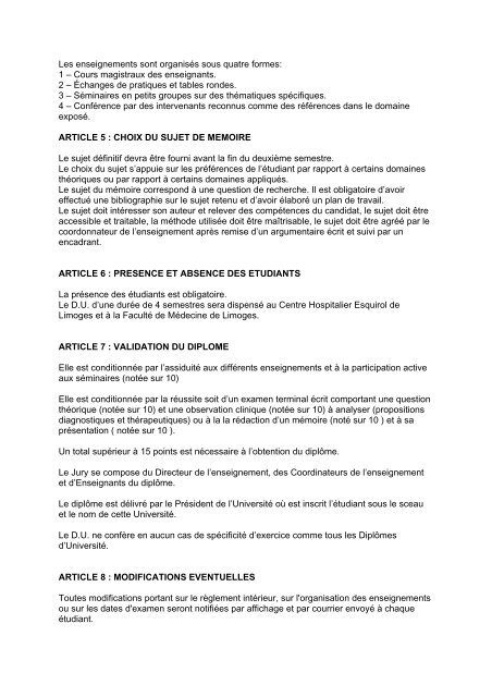 Règlement du Diplôme Universitaire - Faculté de Médecine de ...