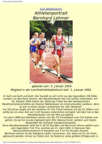 Athletenportrait Bernhard Lehmer geboren am: 5. Januar 1954 ...