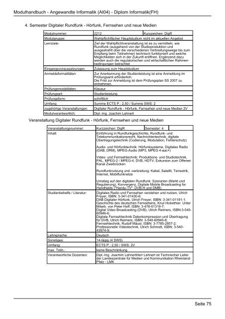 Diplom Informatik(FH) - FHInfo - Fachhochschule Kaiserslautern