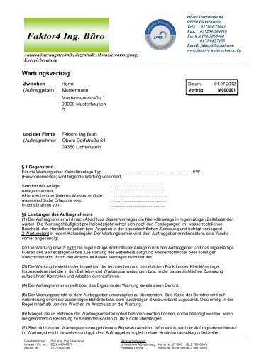 Muster Wartungsvertrag KleinklÃ¤ranlage - Faktor4-unternehmen.de