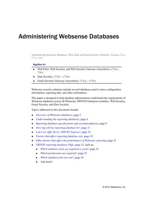 Administering Websense Databases, v7.6.x and 7.7.x