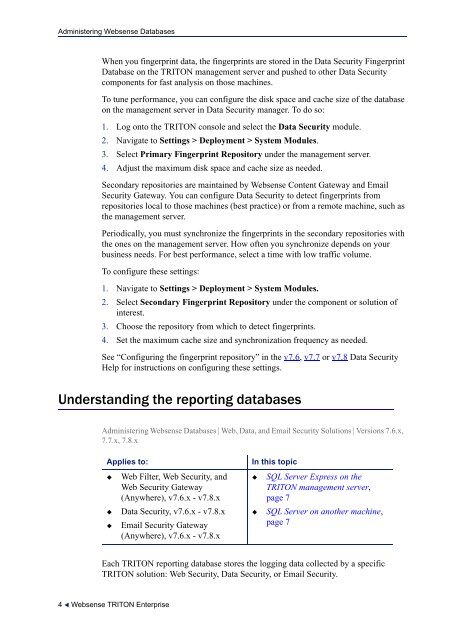 Administering Websense Databases, v7.6.x and 7.7.x