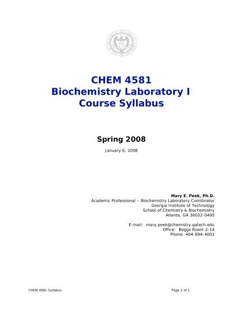 CHEM 4581 Biochemistry Laboratory I Course Syllabus - Georgia ...