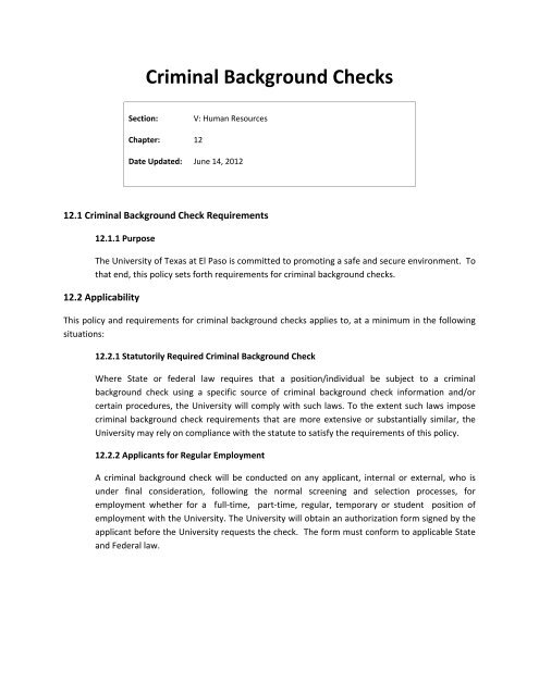 Criminal Background Checks - University of Texas at El Paso