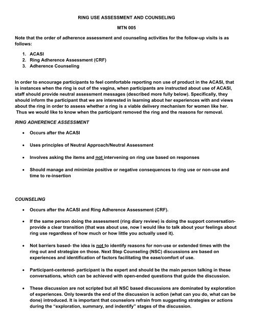 RING USE ASSESSMENT AND COUNSELING MTN 005 Note that ...