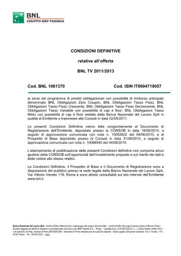 CONDIZIONI DEFINITIVE relative all'offerta BNL TV 2011/2013 Cod ...