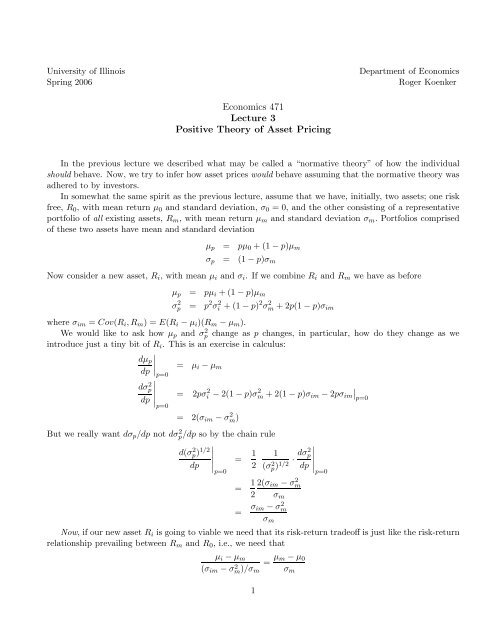 Economics 471 Lecture 3 Positive Theory of Asset Pricing