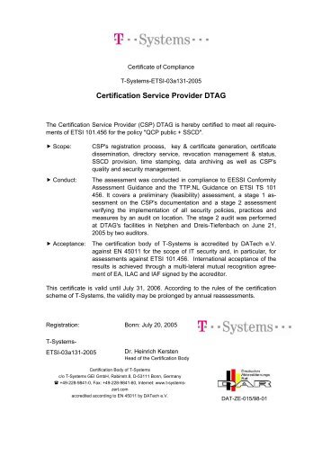 Certification Service Provider DTAG - T-systems-zert.de