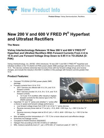 New 200 V and 600 V FRED Pt Hyperfast and Ultrafast Rectifiers