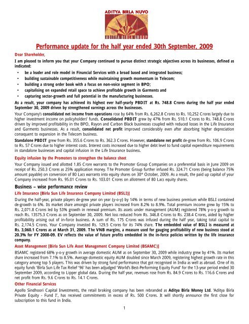 Performance update for the half year ended 30 September 2009