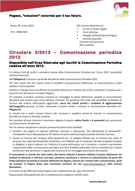 Circolare 3/2013 â Comunicazione periodica 2012 - Fondo Pegaso