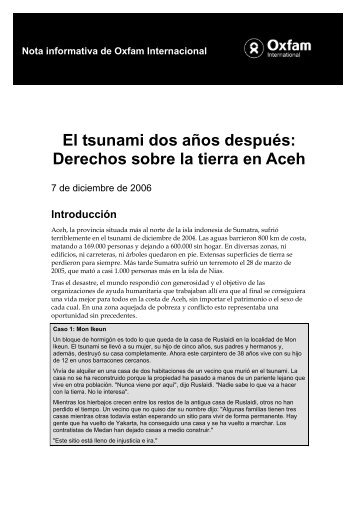 El tsunami dos aÃ±os despuÃ©s: Derechos sobre la tierra en Aceh