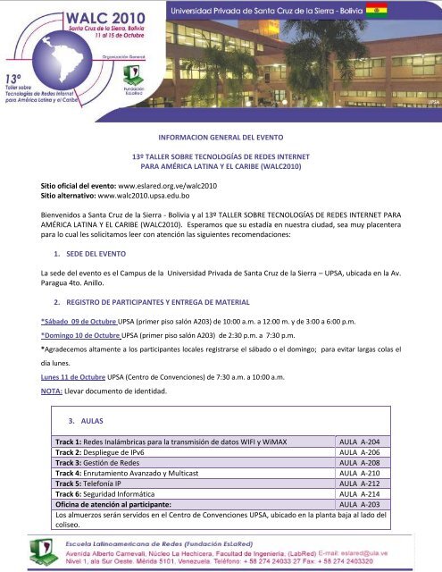 INFORMACION GENERAL DEL EVENTO 13Âº TALLER ... - EsLaRed