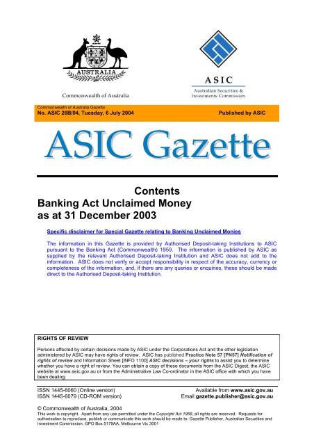 ASIC Gazette - Australian Securities and Investments Commission