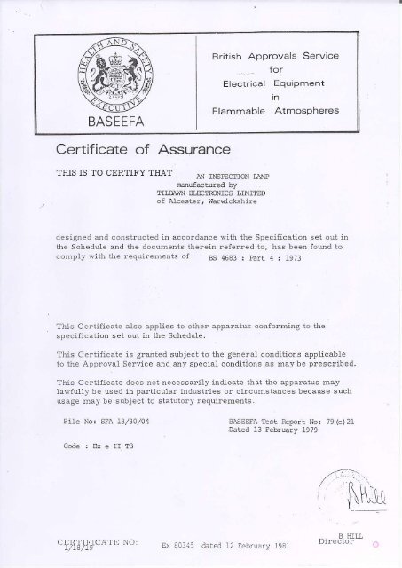 Certificate of Assurance - Wolf Safety Lamp Company