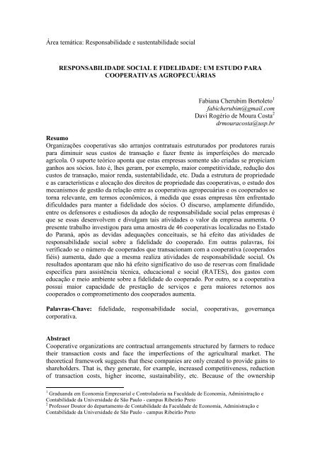responsabilidade social e fidelidade: um estudo para cooperativas ...