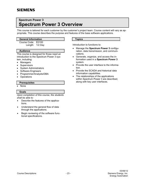 Spectrum Power 3 Programming - Siemens